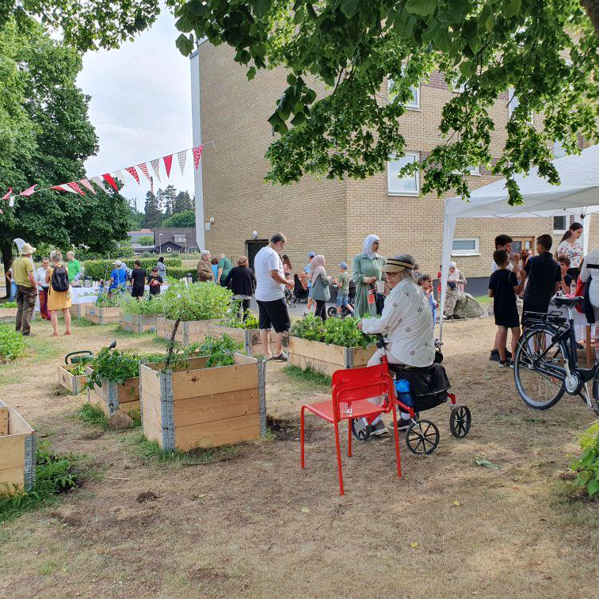 Människor på en innergård runt odlingsbäddar och med vimplar i träden